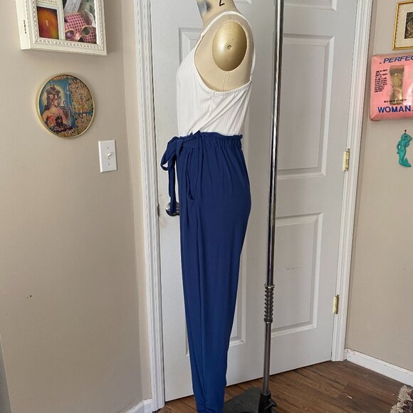 JOLIE & JOY White Blue Smocked Ribbed Knit Color-block Jumpsuit Romper *LARGE* - Picture 3 of 6